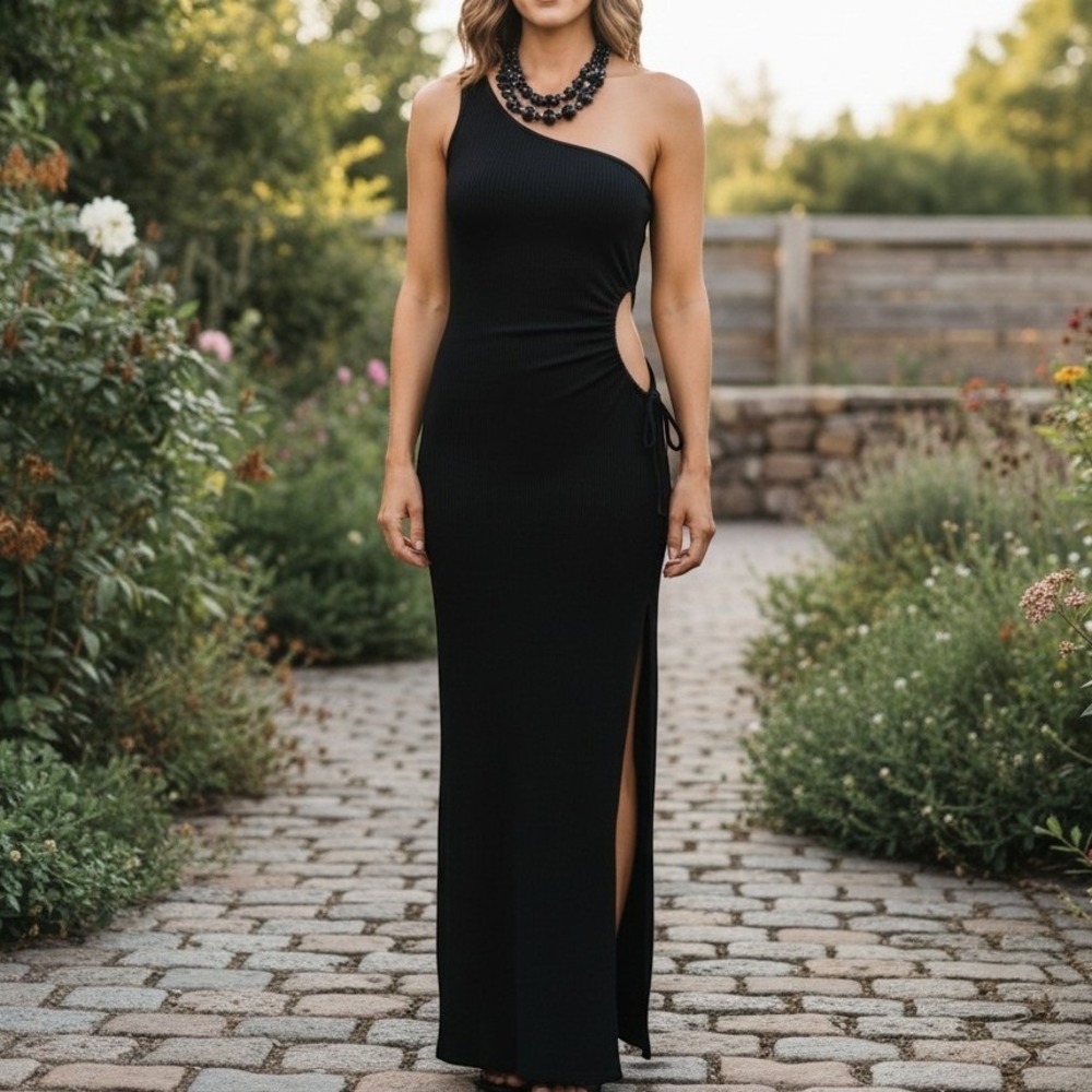 Stillwater Dress Small Black One‎ Shoulder Ribbed Cutout Maxi USA Made 4107
